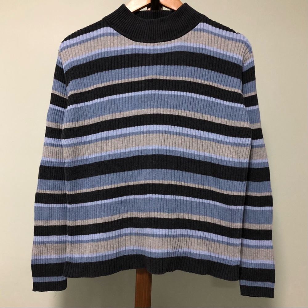Striped Ribbed Mock Neck Pullover Sweater